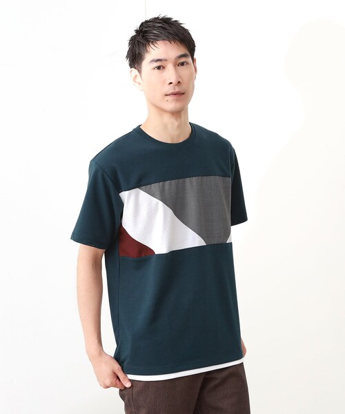THE SHOP TK (ザ ショップ ティーケー )の「パネル切替半袖Tシャツ 【接触冷感/洗濯機OK】(Tシャツ/カットソー・メンズ・ブラック/オフホワイト/モスグリーン・03/02)」の1枚目の写真