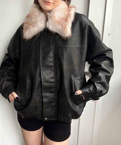 WHO'S WHO gallery（フーズフーギャラリー）の「3way ヴィンテージライクレザーボアブルゾン（ブルゾン・レディース・ブラック/ブラウン/ブラック系その他/ブラック系その他2・MEDIUM/LARGE）」の3枚目の写真