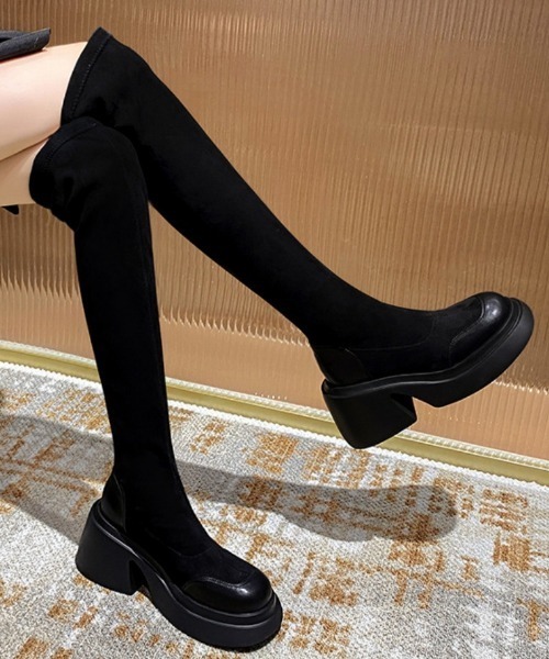 Ritzy(リッツィー)の「厚底 フェイクスエード サイハイブーツ ロングブーツ(ブーツ・レディース・ブラック・24.5/24/23.5/23/25)」の1枚目の写真