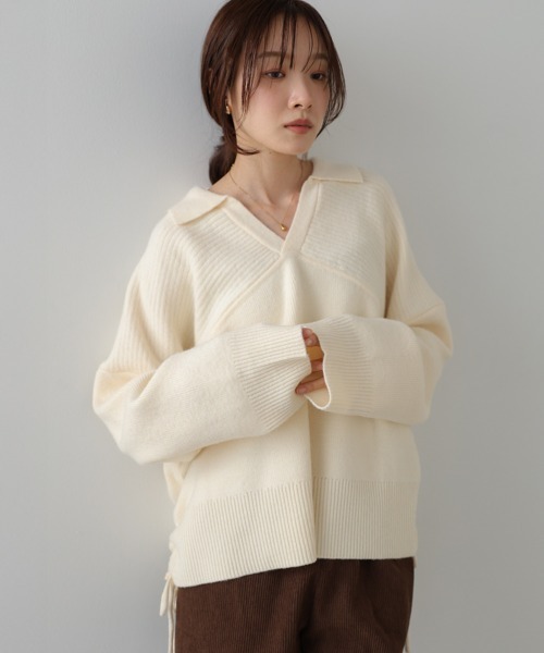 Bab（バブ）の「襟付きリブ切替サイドドロストニットトップス（ニット/セーター・レディース・グリーン/チャコールグレー/アイボリー・FREE）」の5枚目の写真