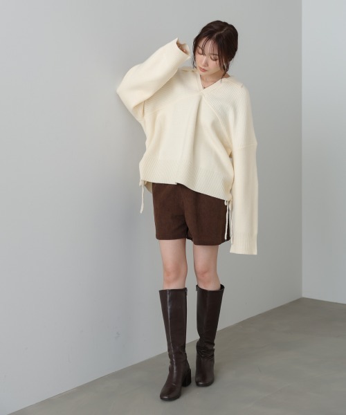 Bab（バブ）の「襟付きリブ切替サイドドロストニットトップス（ニット/セーター・レディース・グリーン/チャコールグレー/アイボリー・FREE）」の6枚目の写真