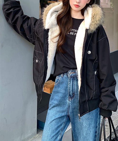 セール】ファー付き裏ボアジップアップブルゾン（ブルゾン）｜Doula