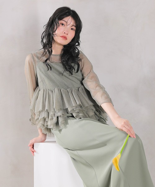 Kana（カナ）の「ラメチュール ペプラム Iライン ワンピース ドレス 2点セット パーティー 結婚式 お呼ばれ オケージョン（ドレス・レディース・ブラック/チャコールグレー/グリーン・M）」の13枚目の写真
