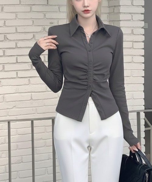 cammie(キャミー)の「ポロカラーギャザートップス(シャツ/ブラウス・レディース・ホワイト/グレー・M/L)」の8枚目の写真