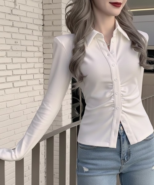 cammie(キャミー)の「ポロカラーギャザートップス(シャツ/ブラウス・レディース・ホワイト/グレー・M/L)」の7枚目の写真