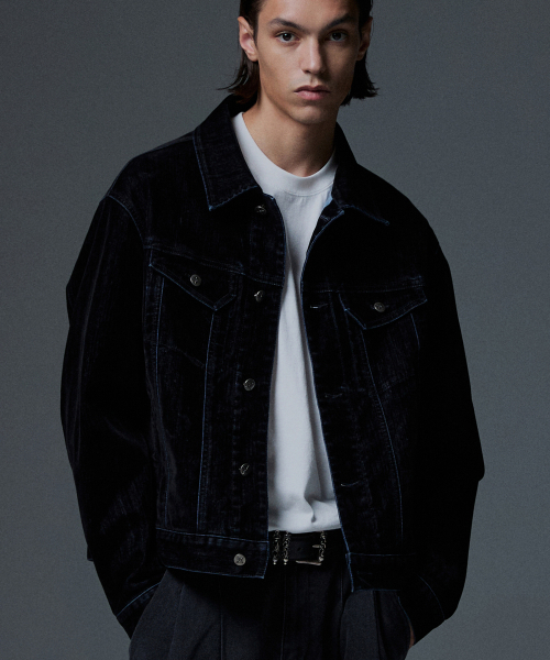 NOT4NERD(ノットフォーナード)の「4 Symbol Velvet Like Denim Trucker Jacket - Black(デニムジャケット・レディース・その他・LARGE/X-LARGE/MEDIUM)」の1枚目の写真