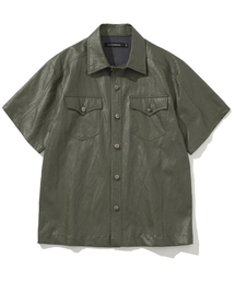 リンクルレザーハーフシャツ - カーキ