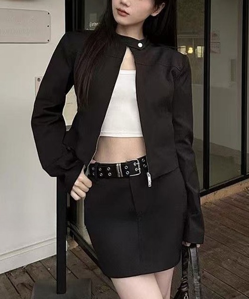 WEGO（ウィゴー）の「WEGO/Y2Kスリムクロップドジャケット（ノーカラージャケット・レディース・ブラック・LARGE/MEDIUM）」の5枚目の写真