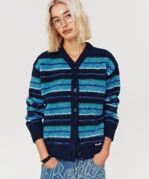 MOODBETTER(ムード ベター)の「HAIRY STRIPE KNIT CARDIGAN BLUE(カーディガン/ボレロ・レディース・その他・FREE)」の1枚目の写真