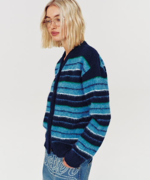 MOODBETTER(ムード ベター)の「HAIRY STRIPE KNIT CARDIGAN BLUE(カーディガン/ボレロ・レディース・その他・FREE)」の3枚目の写真