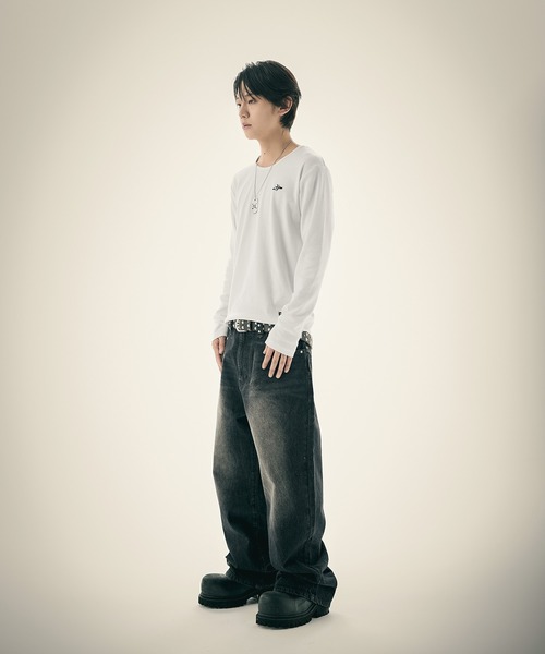 MSG(エムエスジー)の「ルーズネックワンポイントリブロンT 長袖(Tシャツ/カットソー・メンズ・ブラック/杢グレー/ホワイト・S/M/L/XL)」の9枚目の写真