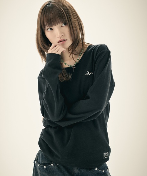 MSG(エムエスジー)の「ルーズネックワンポイントリブロンT 長袖(Tシャツ/カットソー・メンズ・ブラック/杢グレー/ホワイト・S/M/L/XL)」の18枚目の写真