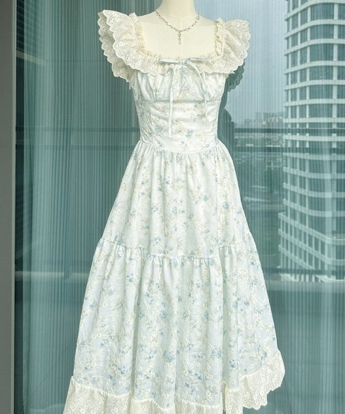 gossip!ロサンゼルス(ゴシップロサンゼルス)の「【Y2Kガーリー】レトロ フラワー柄 レース フレアキャミワンピース(ワンピース・レディース・ベビーピンク/ライトブルー・FREE)」の15枚目の写真