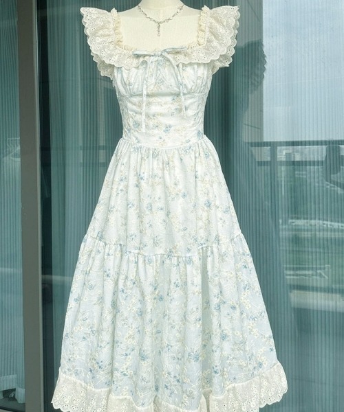 gossip!ロサンゼルス(ゴシップロサンゼルス)の「【Y2Kガーリー】レトロ フラワー柄 レース フレアキャミワンピース(ワンピース・レディース・ベビーピンク/ライトブルー・FREE)」の16枚目の写真