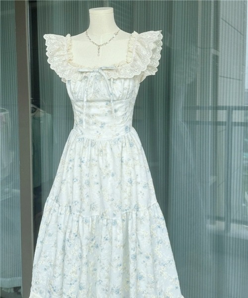 gossip!ロサンゼルス(ゴシップロサンゼルス)の「【Y2Kガーリー】レトロ フラワー柄 レース フレアキャミワンピース(ワンピース・レディース・ベビーピンク/ライトブルー・FREE)」の17枚目の写真