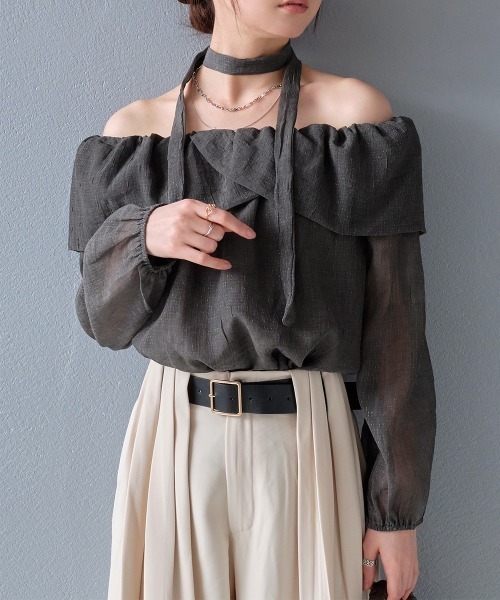 Rejoule(リジュール)の「タイ付き 前後2WAY ラメ入りシアーオフショルブラウス(シャツ/ブラウス・レディース・ブラック/グレー/アイボリー・FREE)」の9枚目の写真