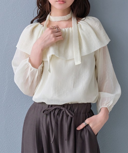 Rejoule(リジュール)の「タイ付き 前後2WAY ラメ入りシアーオフショルブラウス(シャツ/ブラウス・レディース・ブラック/グレー/アイボリー・FREE)」の7枚目の写真