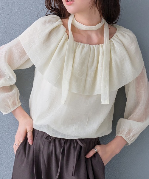 Rejoule(リジュール)の「タイ付き 前後2WAY ラメ入りシアーオフショルブラウス(シャツ/ブラウス・レディース・ブラック/グレー/アイボリー・FREE)」の4枚目の写真