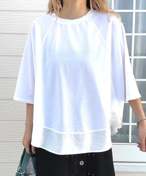 Q（キュー）の「レーヨン天竺ドッキングペプラムプルオーバー（Tシャツ/カットソー・レディース・ホワイト/ブラック/ブルー・MEDIUM）」の2枚目の写真