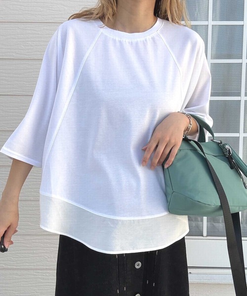 Q（キュー）の「レーヨン天竺ドッキングペプラムプルオーバー（Tシャツ/カットソー・レディース・ホワイト/ブラック/ブルー・MEDIUM）」の4枚目の写真