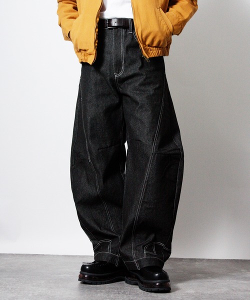 NYLAUS（ナイラス）の「【NYS】2026新作 リバースデザイン カーブパンツ バレルレッグパンツ リジッドデニム（デニムパンツ・メンズ・ブラック/インディゴブルー・L/M）」の2枚目の写真