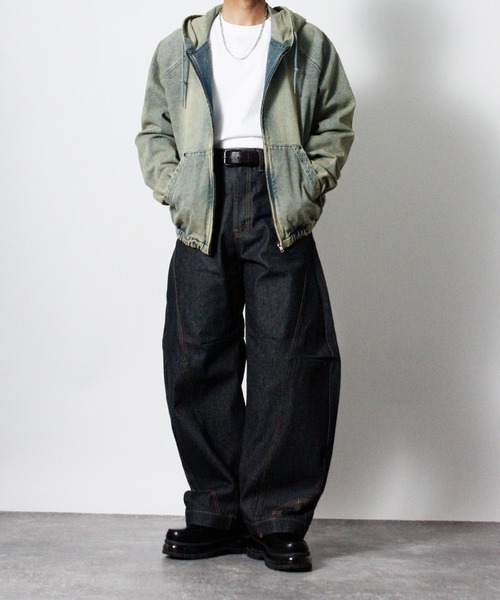 NYLAUS（ナイラス）の「【NYS】2026新作 リバースデザイン カーブパンツ バレルレッグパンツ リジッドデニム（デニムパンツ・メンズ・ブラック/インディゴブルー・L/M）」の11枚目の写真