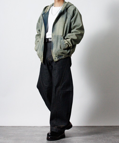 NYLAUS（ナイラス）の「【NYS】2026新作 リバースデザイン カーブパンツ バレルレッグパンツ リジッドデニム（デニムパンツ・メンズ・ブラック/インディゴブルー・L/M）」の13枚目の写真