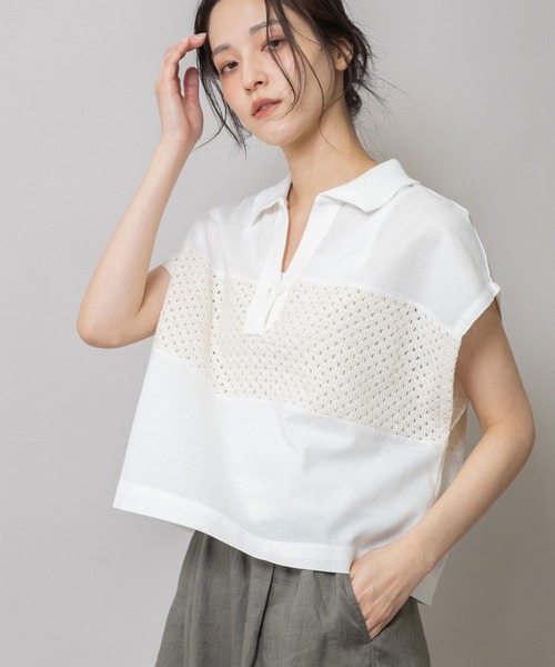 Munich(ミューニック)の「コットンリネンポプリン×ラッセルスキッパーポロシャツ(シャツ/ブラウス・レディース・ホワイト/ベージュ/ブラック・FREE)」の1枚目の写真