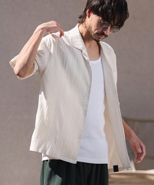 CAMBIO(カンビオ)の「mhs2621-Crinkle Fablic Open Collar Short Sleeve Shirts オープンカラー半袖シャツ(PF-261-019)(シャツ/ブラウス・メンズ・ナチュラル/ブルー/ブラック・M/L)」の3枚目の写真