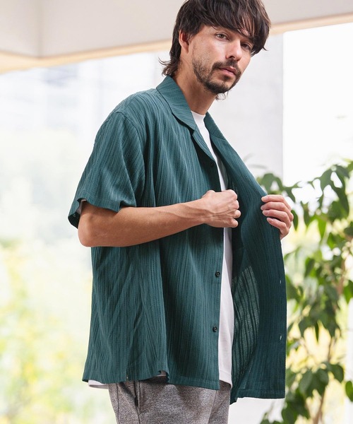 mhs2621-Crinkle Fablic Open Collar Short Sleeve Shirts オープン