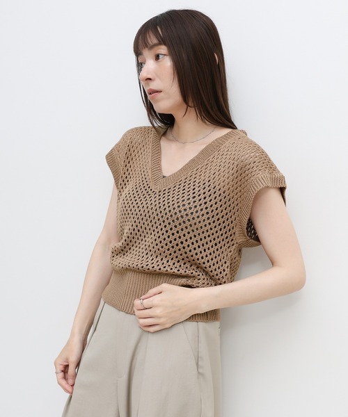 select MOCA(セレクトモカ)の「フレンチスリーブリネンタッチメッシュベスト(ベスト・レディース・アイボリー/モカ/ブラック・FREE)」の3枚目の写真