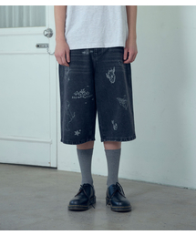 BIG WIDE BERMUDA DOODLE DENIM PANTS_BLACK(NG2GMUD160A)