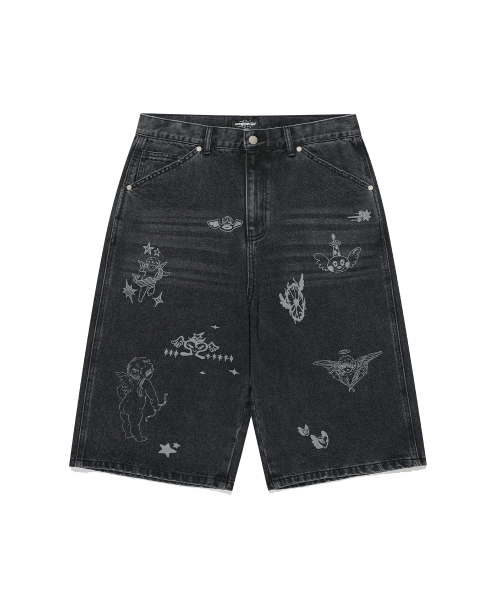 NICE GHOST CLUB（ナイスゴーストクラブ）の「BIG WIDE BERMUDA DOODLE DENIM PANTS_BLACK(NG2GMUD160A)（デニムパンツ・レディース・ブラック・SMALL/MEDIUM/LARGE）」の4枚目の写真
