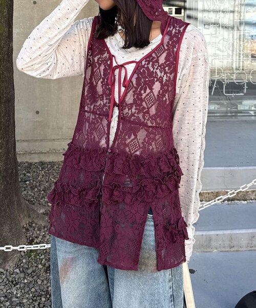 CIAOPANIC（チャオパニック）の「フリフリレースフードベスト（シャツ/ブラウス・レディース・ホワイト/ボルドー/ブラック・ONE SIZE）」の21枚目の写真