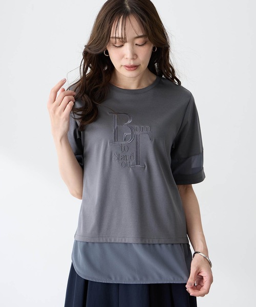 A/C DESIGN BY ALPHA CUBIC（エーシーデザインバイアルファキュービック）の「シアー切り替えレイヤード風刺しゅうTシャツ【すごツヤ】（Tシャツ/カットソー・レディース・ブラック/チャコールグレー/オフホワイト・M/L/LL/3L）」の14枚目の写真