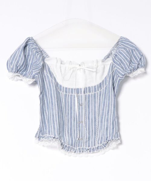Anely(アネリー)の「Anely コットン ストライプ柄 ギャザー リボン パフスリーブ ブラウス(シャツ/ブラウス・レディース・ブルー/ブラック・FREE)」の16枚目の写真