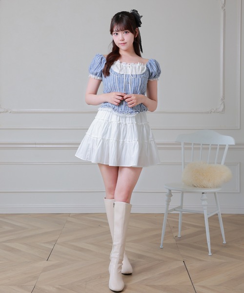 Anely(アネリー)の「Anely コットン ストライプ柄 ギャザー リボン パフスリーブ ブラウス(シャツ/ブラウス・レディース・ブルー/ブラック・FREE)」の9枚目の写真