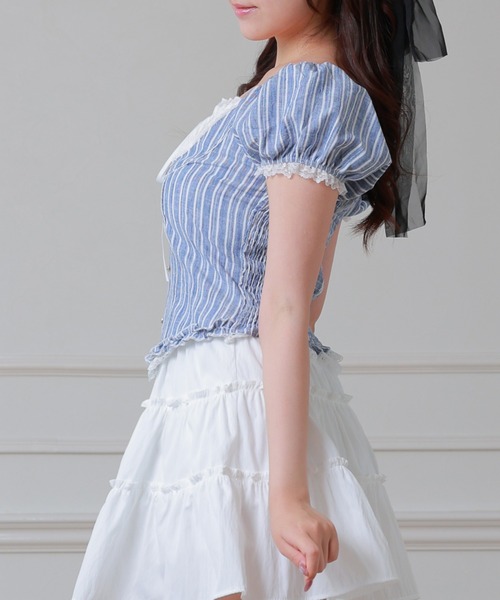 Anely(アネリー)の「Anely コットン ストライプ柄 ギャザー リボン パフスリーブ ブラウス(シャツ/ブラウス・レディース・ブルー/ブラック・FREE)」の11枚目の写真