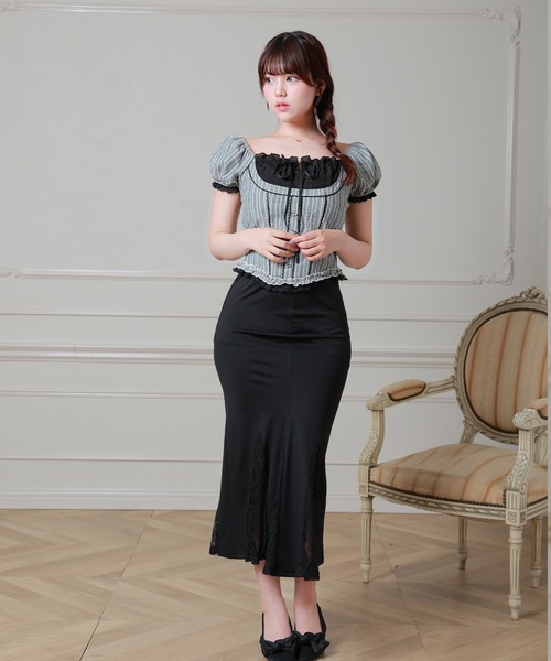 Anely(アネリー)の「Anely コットン ストライプ柄 ギャザー リボン パフスリーブ ブラウス(シャツ/ブラウス・レディース・ブルー/ブラック・FREE)」の4枚目の写真