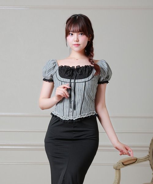 Anely(アネリー)の「Anely コットン ストライプ柄 ギャザー リボン パフスリーブ ブラウス(シャツ/ブラウス・レディース・ブルー/ブラック・FREE)」の5枚目の写真