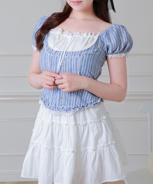 Anely(アネリー)の「Anely コットン ストライプ柄 ギャザー リボン パフスリーブ ブラウス(シャツ/ブラウス・レディース・ブルー/ブラック・FREE)」の19枚目の写真