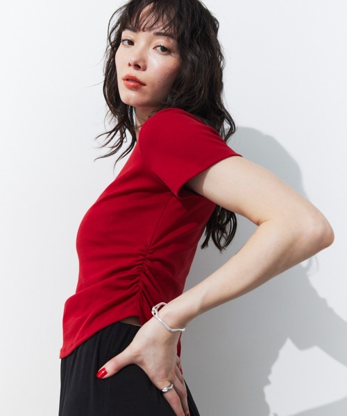 HANNE（アン）の「サイドギャザーコンパクトTEE（Tシャツ/カットソー・レディース・レッド/ホワイト/ブラック/グリーン/ブラウン・FREE）」の21枚目の写真