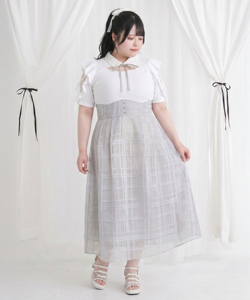 DearMyLoveRose(ディアマイラブローズ)の「デコルテオープンシアーチェックドッキング半袖ワンピース【4Lー6L】(ワンピース・レディース・ブルー/ブラック・5L~6L/4L~5L)」の6枚目の写真