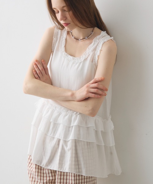 Crisp(クリスプ)の「frill design sheer tunic / フリルデザインシアーチュニック(チュニック・レディース・ダークグレー/ホワイト・FREE)」の1枚目の写真