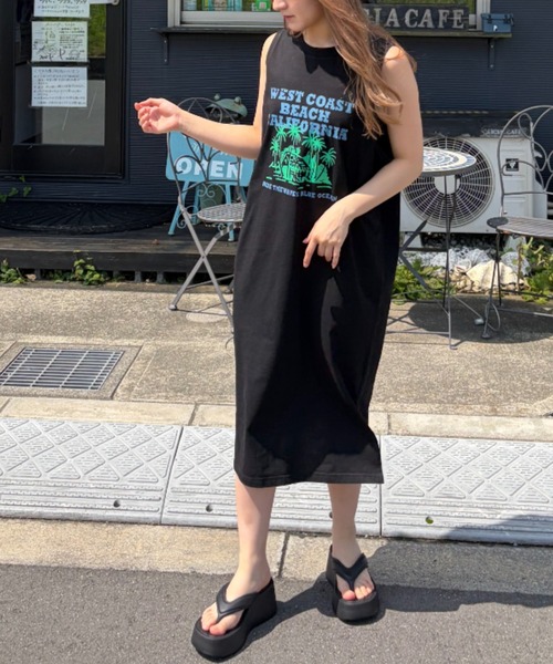 パームツリー カレッジロゴ ノースリーブ ロングマキシワンピース