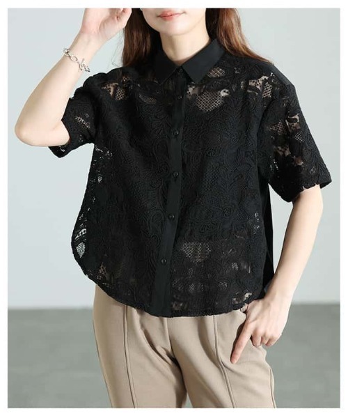 Sawa a la mode(サワアラモード)の「刺繍レースシャツブラウス(シャツ/ブラウス・レディース・オフホワイト/ブラック・FREE)」の4枚目の写真