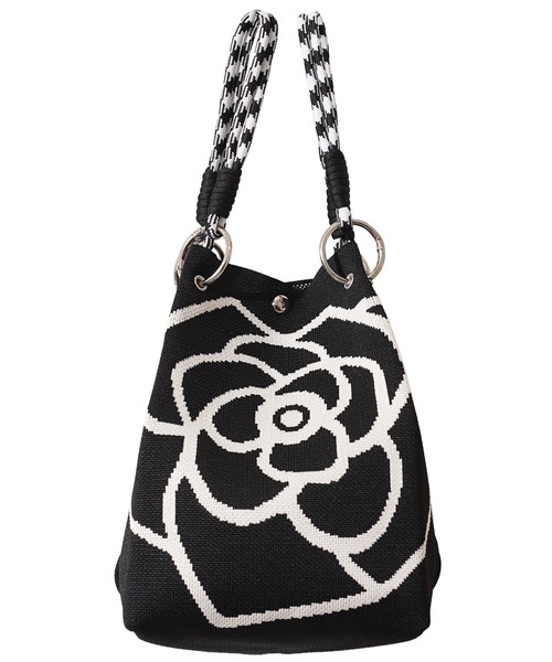1111clothing(ワンフォークロージング)の「花柄 ジャガードニット ミニ巾着バッグ / Floral Jacquard Knit Mini Drawstring Bag(ハンドバッグ・レディース・ブラック/アイボリー・FREE)」の16枚目の写真