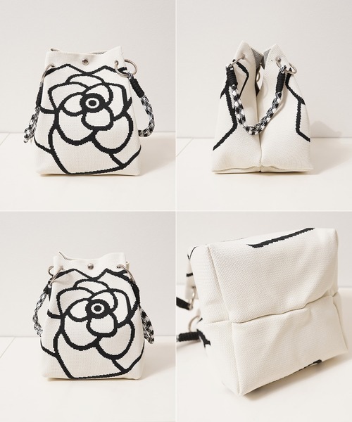 1111clothing(ワンフォークロージング)の「花柄 ジャガードニット ミニ巾着バッグ / Floral Jacquard Knit Mini Drawstring Bag(ハンドバッグ・レディース・ブラック/アイボリー・FREE)」の7枚目の写真