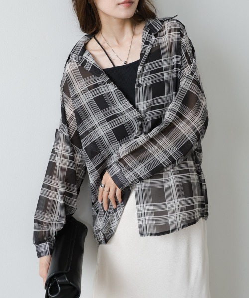 Bab(バブ)の「【着回し力抜群】シアーベーシックチェックシャツ(シャツ/ブラウス・レディース・ブラック/ブラウン・M)」の2枚目の写真