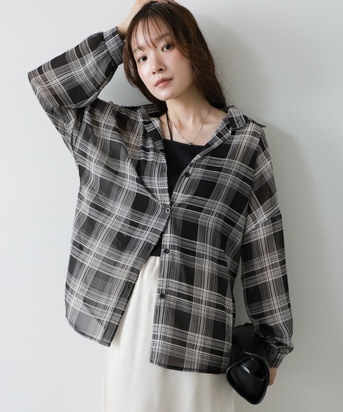 Bab(バブ)の「【着回し力抜群】シアーベーシックチェックシャツ(シャツ/ブラウス・レディース・ブラック/ブラウン・M)」の17枚目の写真